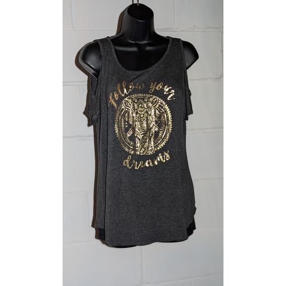 23 Love Street Cold Shoulder Tank Top Elephant Short Sleeve Boho Shirt Medium - Picture 1 of 6